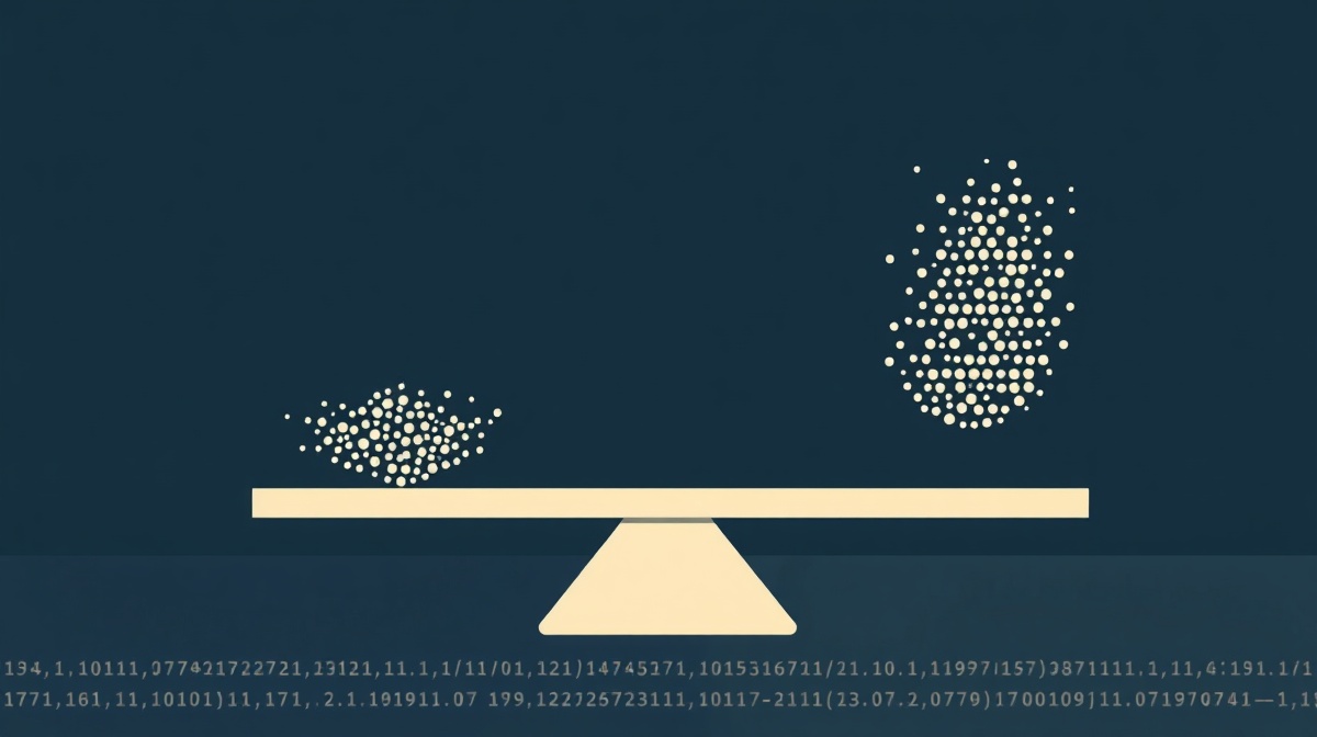 Editorial illustration: tilting balance scale with data points pooling on the heavier side
