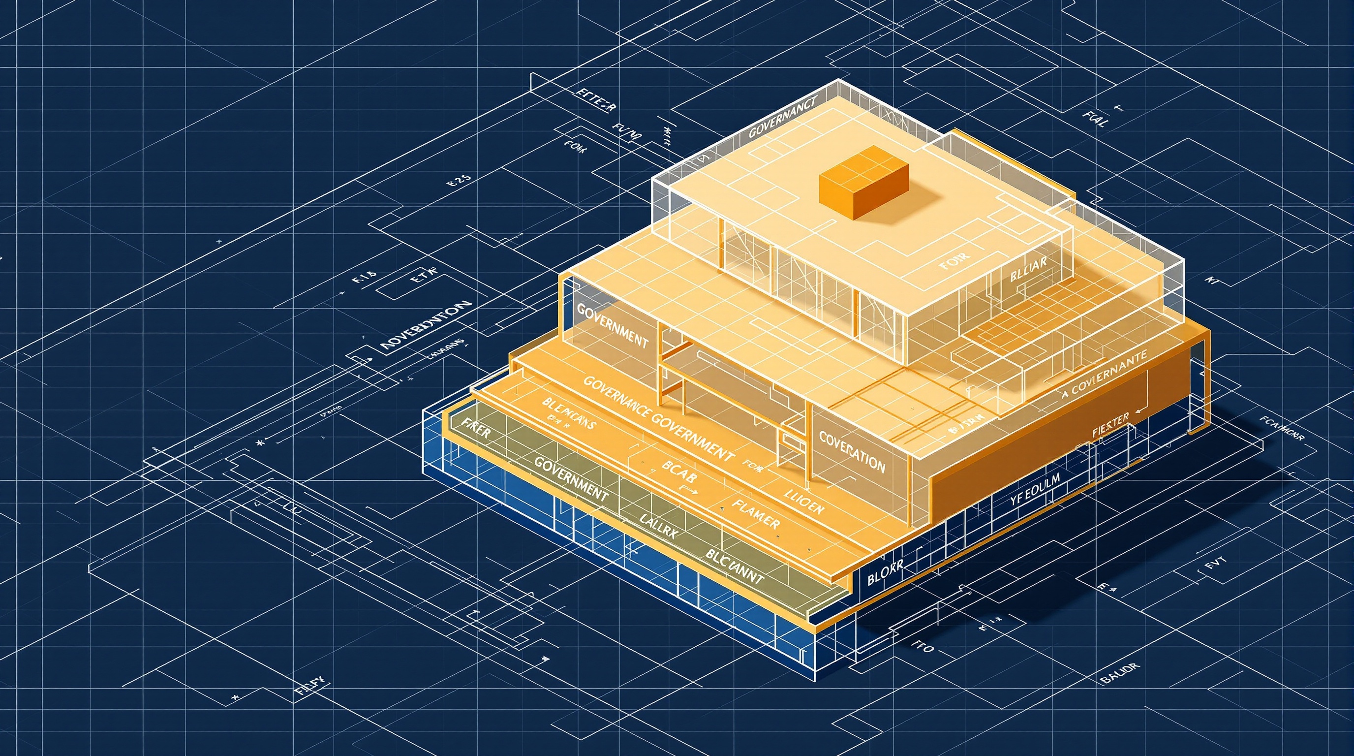 Editorial illustration: blueprint cross-section of a tiered AI governance framework