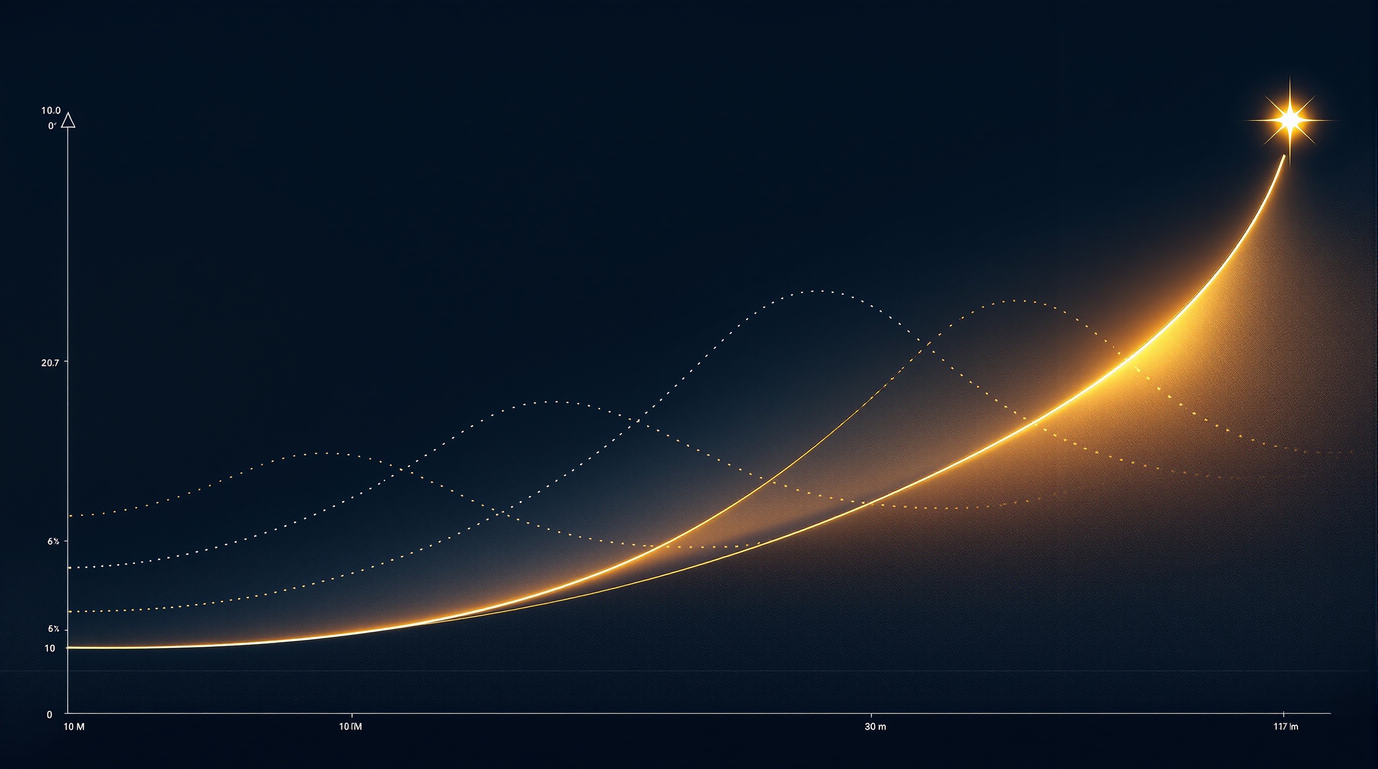 Editorial illustration: rocket trajectory arcs, three failing and one succeeding