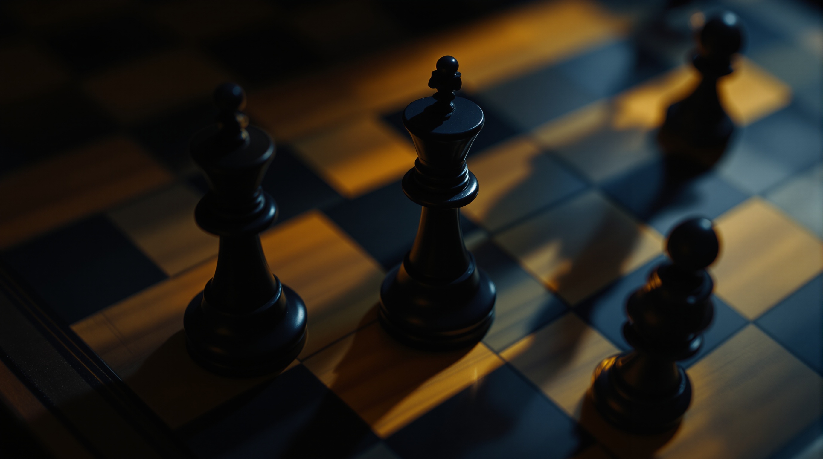 Editorial illustration: chess board with amber-lit strategic pieces among navy pieces