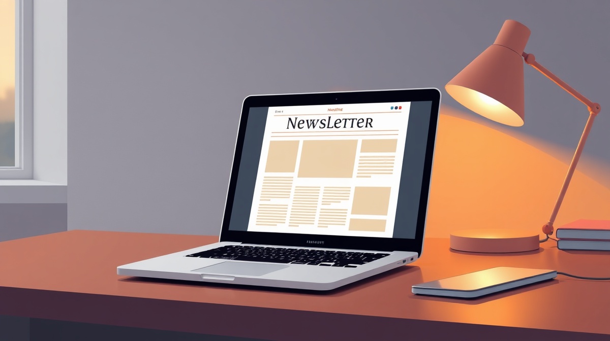 Redaktionelle Illustration: Laptop, der einen Newsletter auf einem Schreibtisch mit warmem Lampenlicht anzeigt