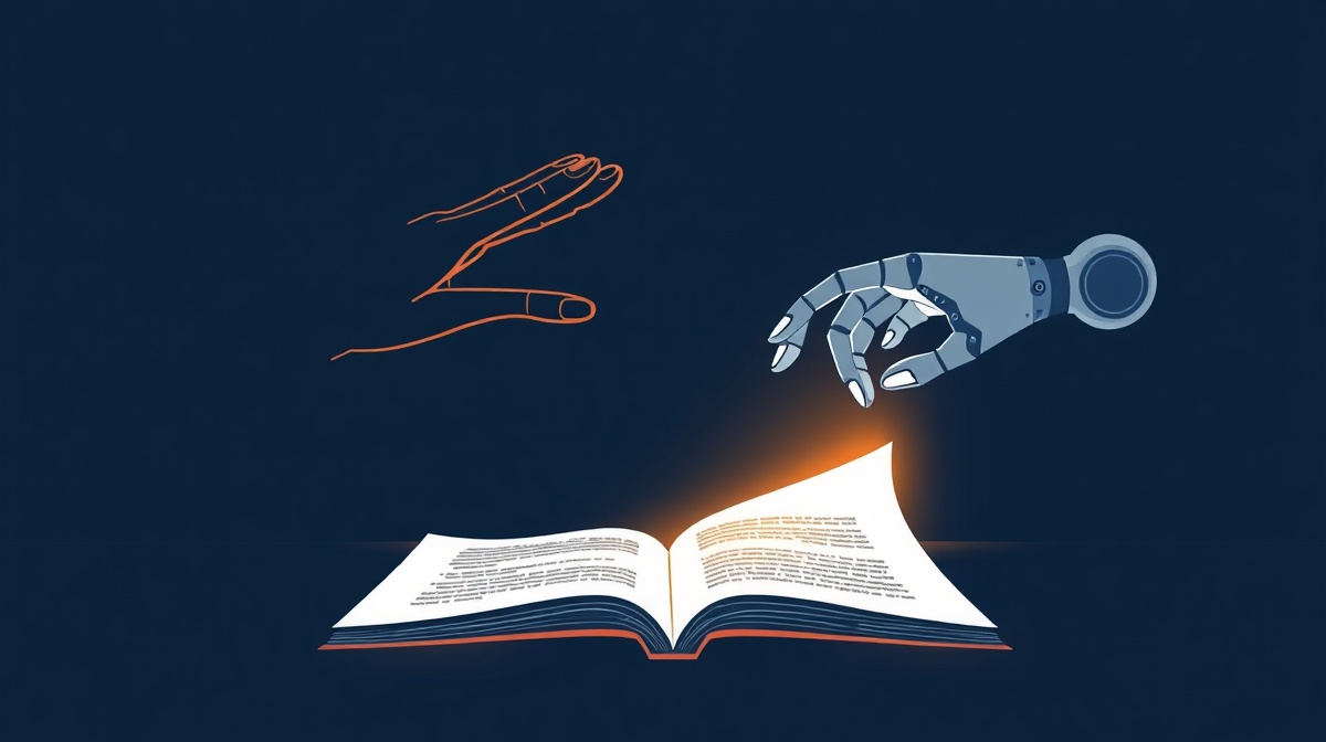 Editorial illustration: human and robotic hands meeting over a policy document