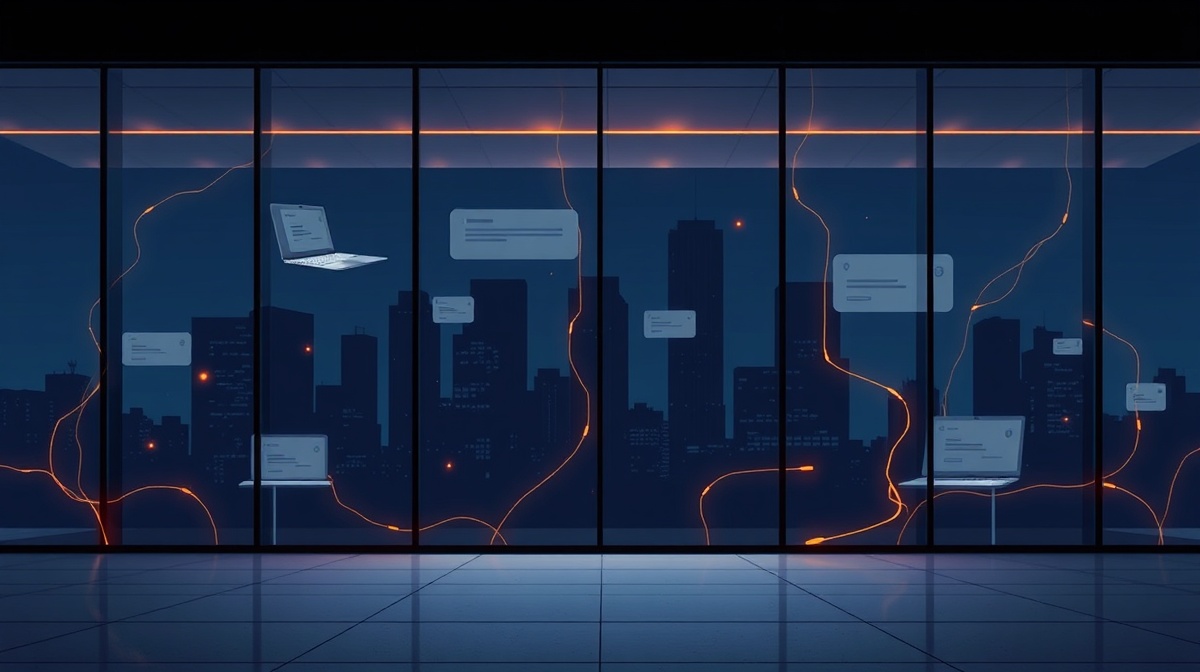 Editorial illustration: data leaking from a corporate building through consumer AI tools