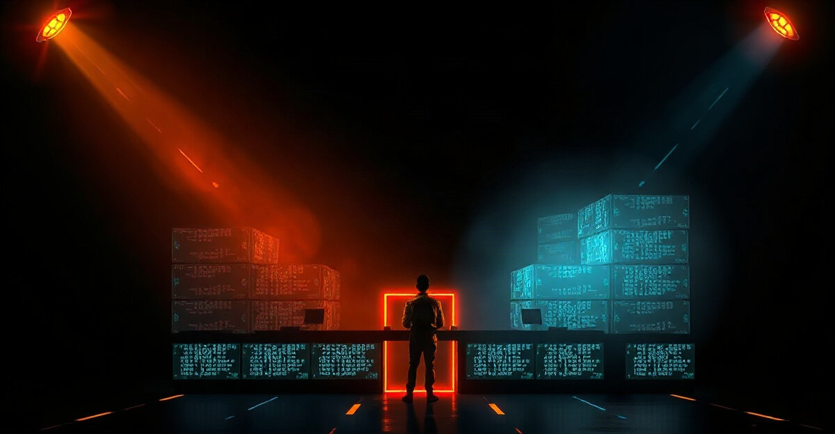 A person at a control desk between two glowing scanning beams, one amber and one cyan, sweeping over stacks of code panels on a black background.