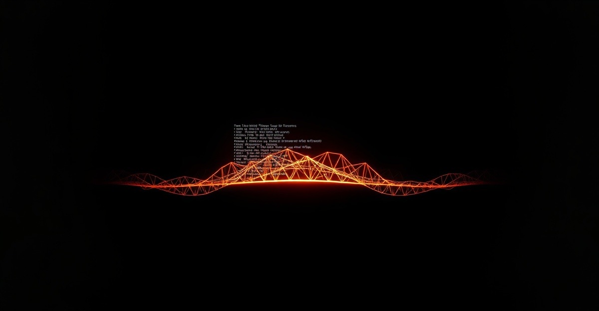 An abstract bridge of glowing code morphing into a neural-network lattice, on a black background with amber accent.