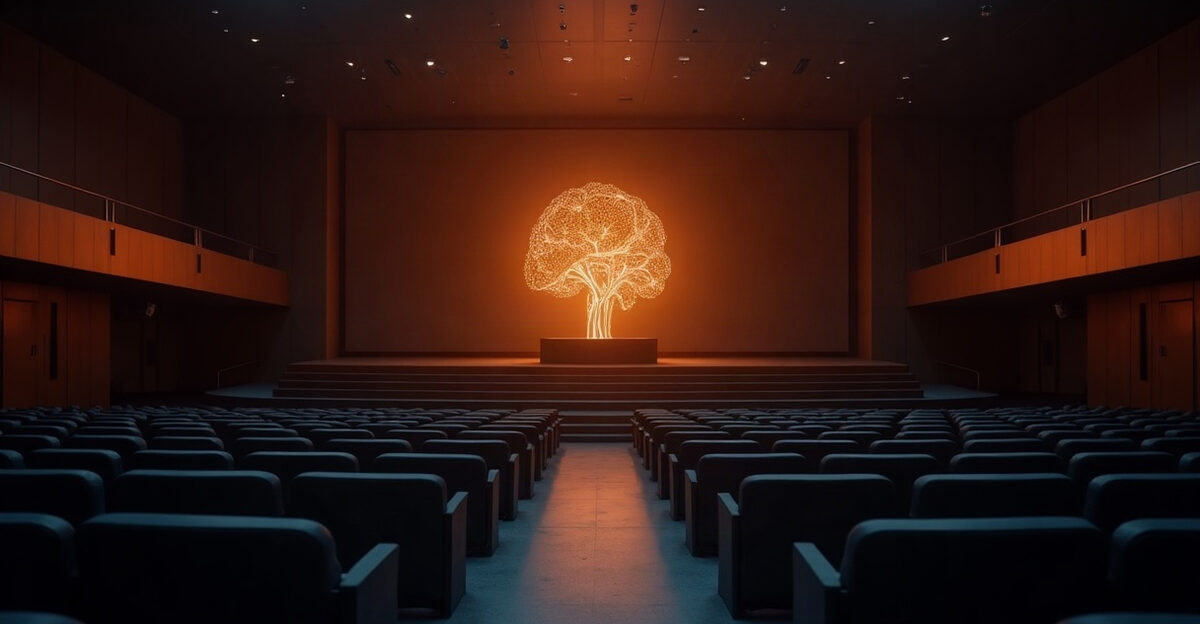 Executive lecture hall with a glowing neural network sculpture