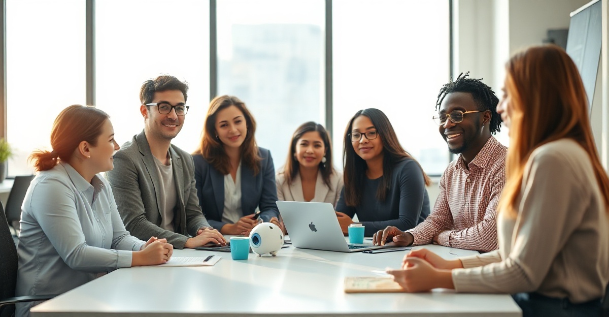 Ein vielfältiges Team von Technologie-Fachleuten bei der Zusammenarbeit in einem hellen, modernen Büro