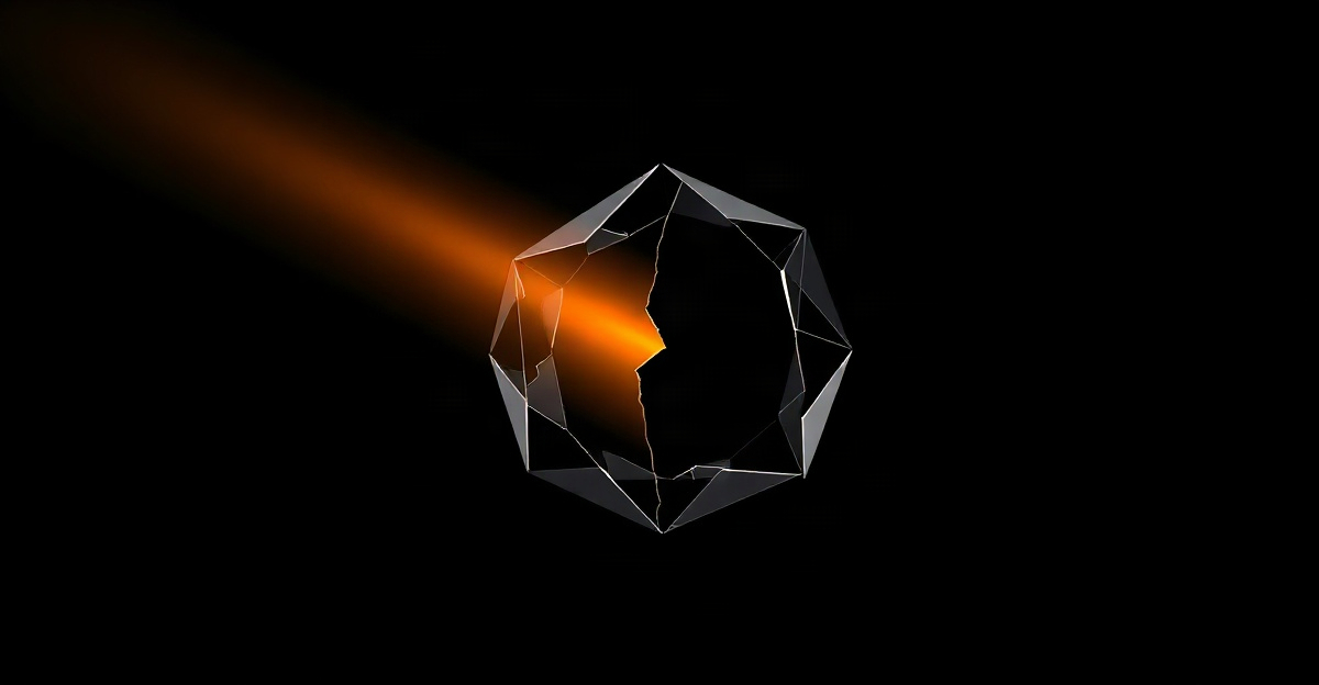 A matte black sphere in darkness split by one glowing amber fracture running through it