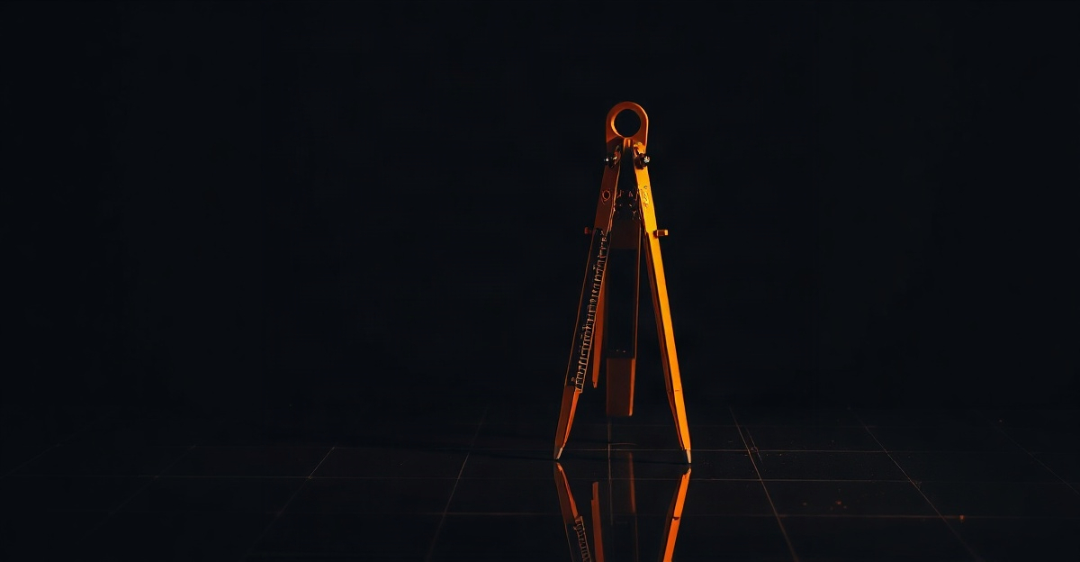 An amber drafting compass standing on a dark glass surface with faint geometric grid lines
