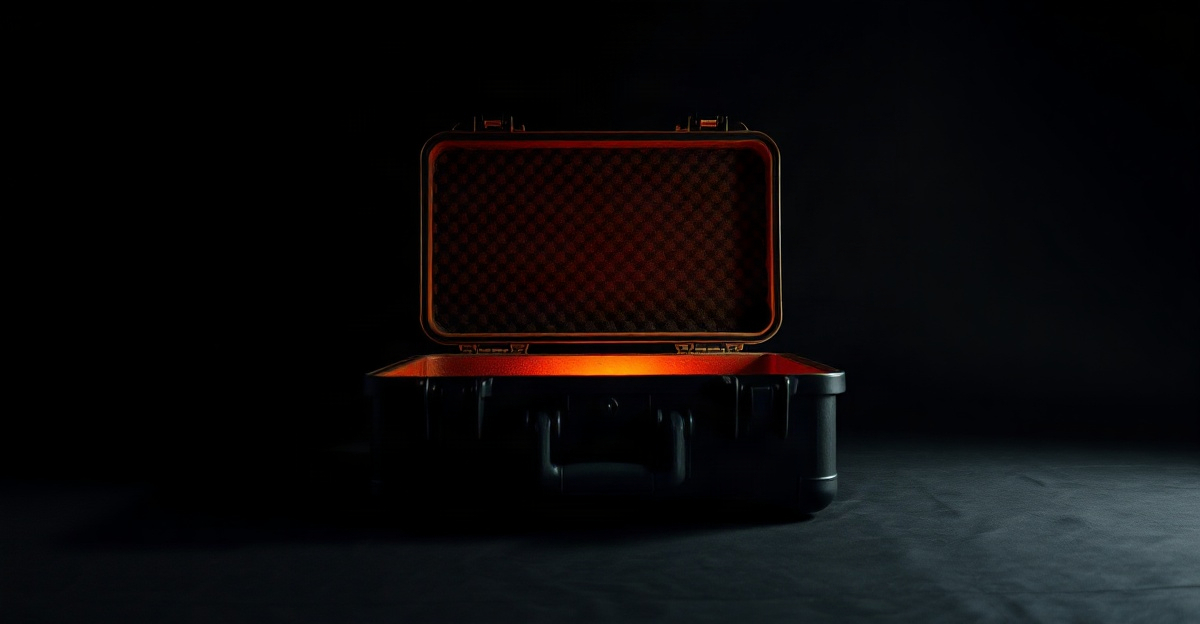 An amber-lit field engineer’s hard case open on a dark surface, warm light spilling from inside