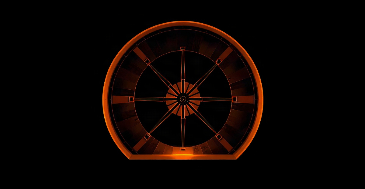 A tall black door standing in darkness with a single warm amber light line glowing through the gap between its panels