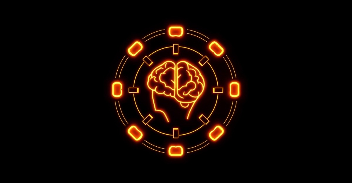 An abstract toolkit of glowing skill-facets orbiting a central developer-mind motif, on a black background with amber accent.