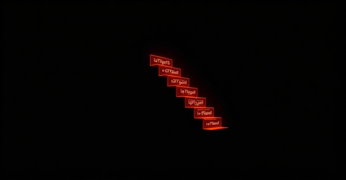 An abstract ascending staircase of glowing code blocks merging with a neural motif, on a black background with amber accent.