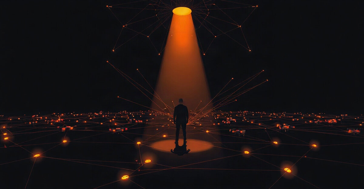 A single person standing under an amber spotlight at the center of a dark network of glowing nodes, with small drones orbiting.