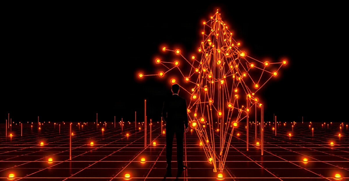 A person standing on a glowing amber grid beside a tall tree of connected light nodes, on a black background.