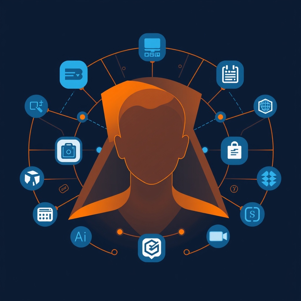 AI video avatar marketplace: amber avatar silhouette surrounded by slate-blue alternatives