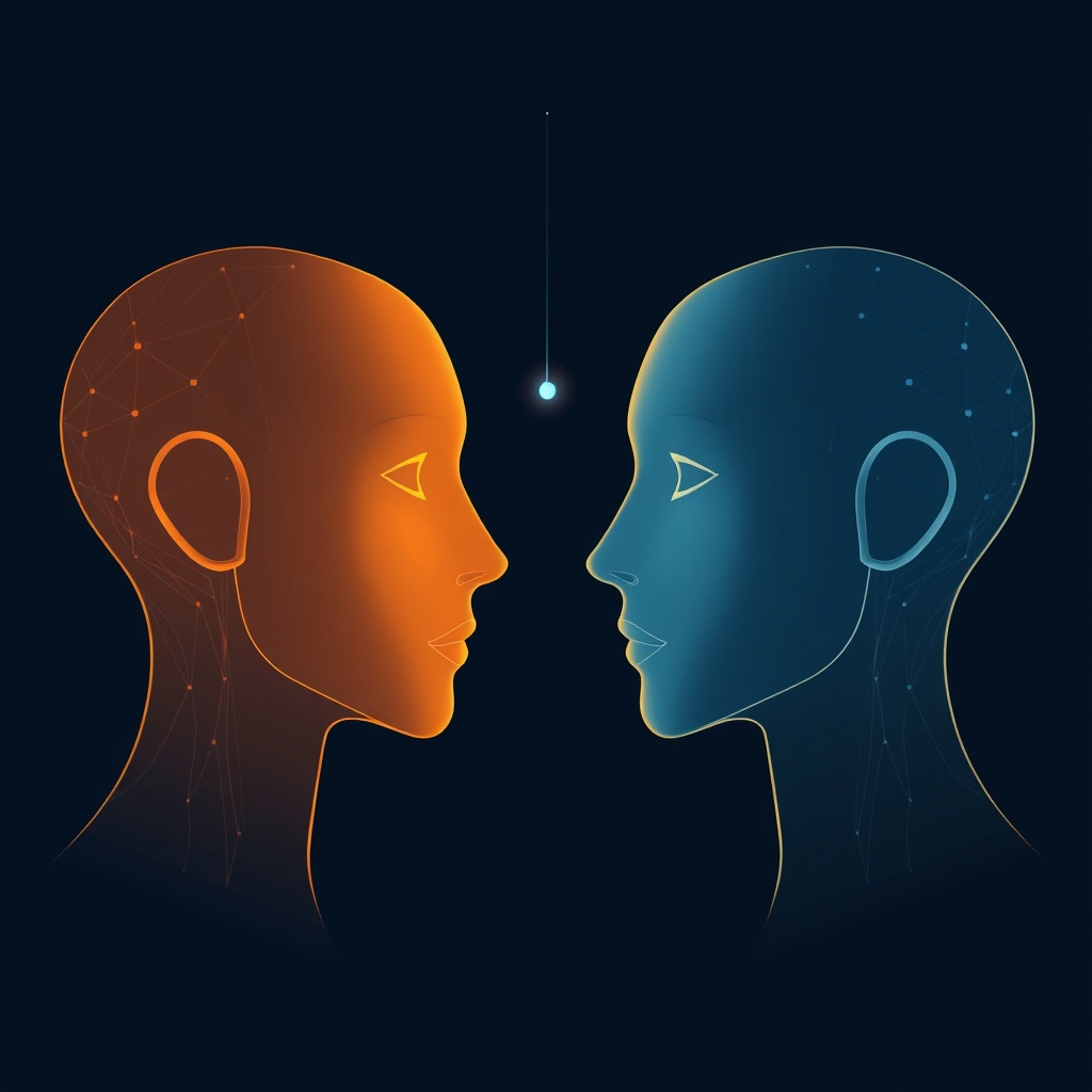 Abstract illustration: two AI video avatar platforms compared, stylized human silhouettes facing each other in amber and slate-blue with face-mesh wireframes, dark navy background