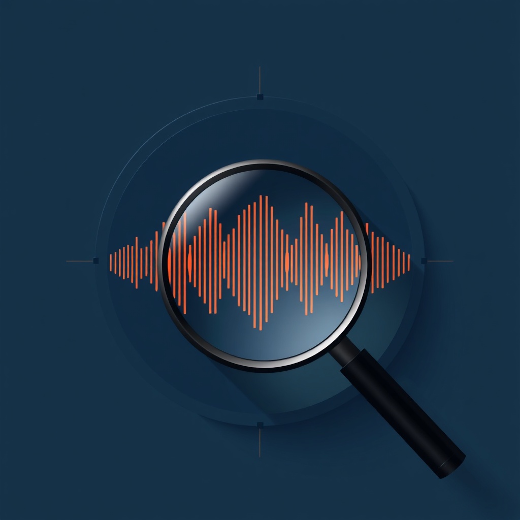 Magnifying glass over an abstract sound waveform with amber highlights revealing hidden patterns