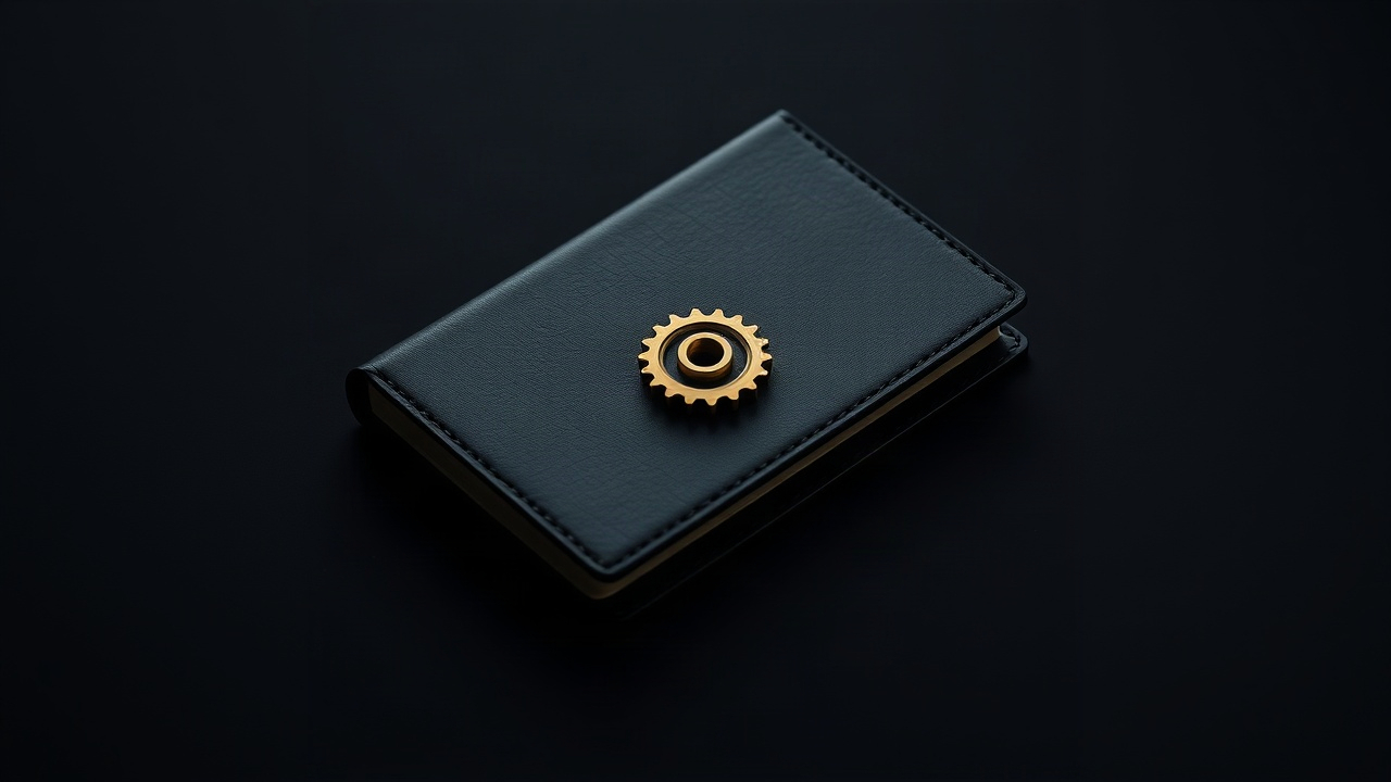 A dark notebook with a brass gear on its cover