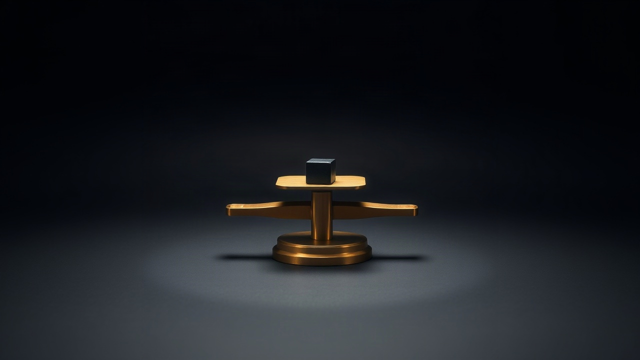 A brass balance scale with a single black cube on one pan