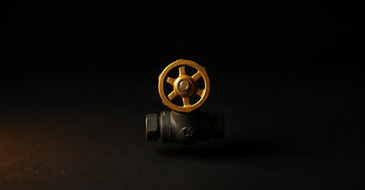 A brass valve wheel on a short dark pipe