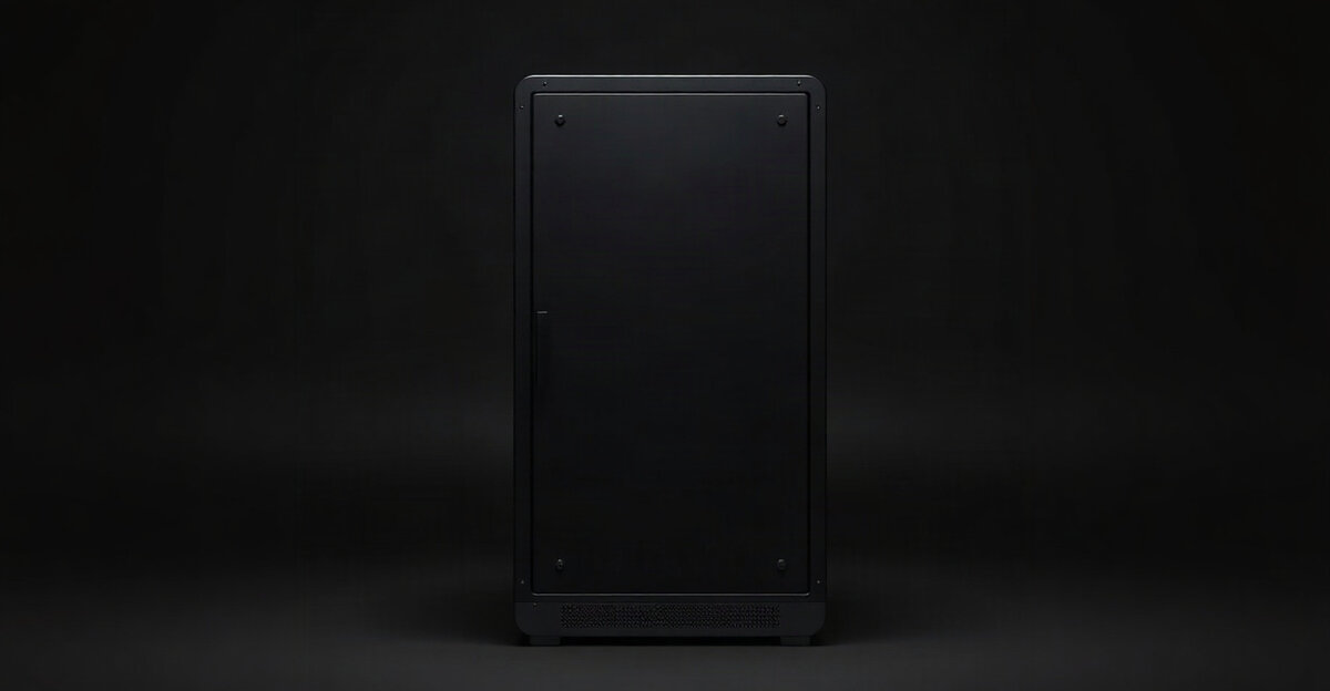A closed black server rack cabinet lit from one side