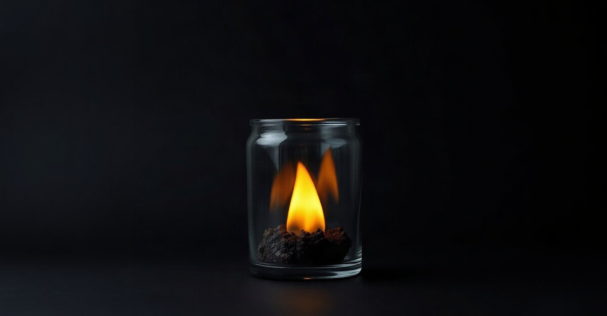 A small amber ember glowing inside a dark glass jar