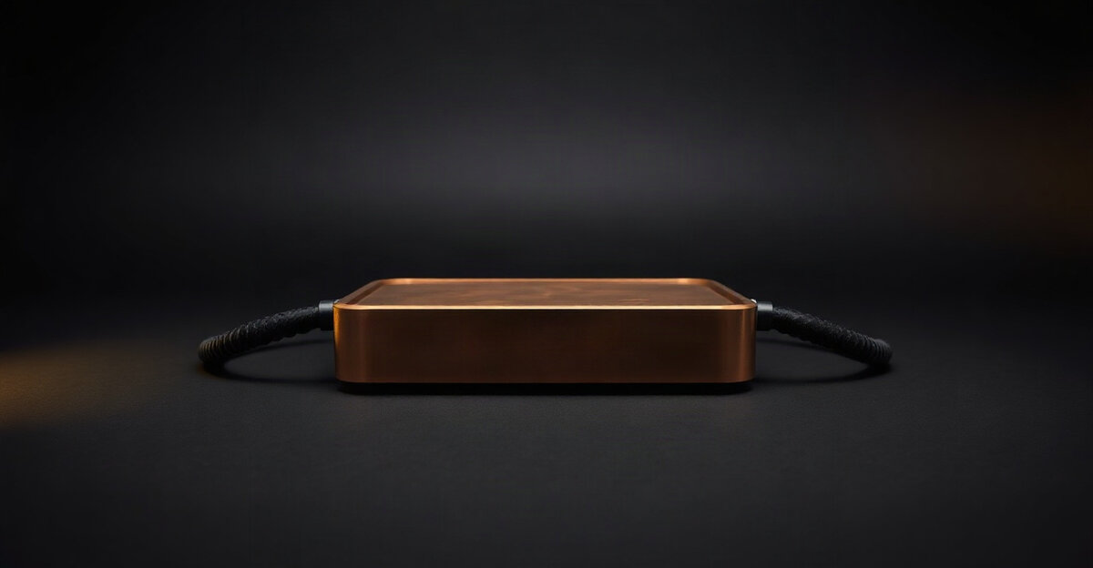 A copper cold plate with two black coolant hoses on a dark surface