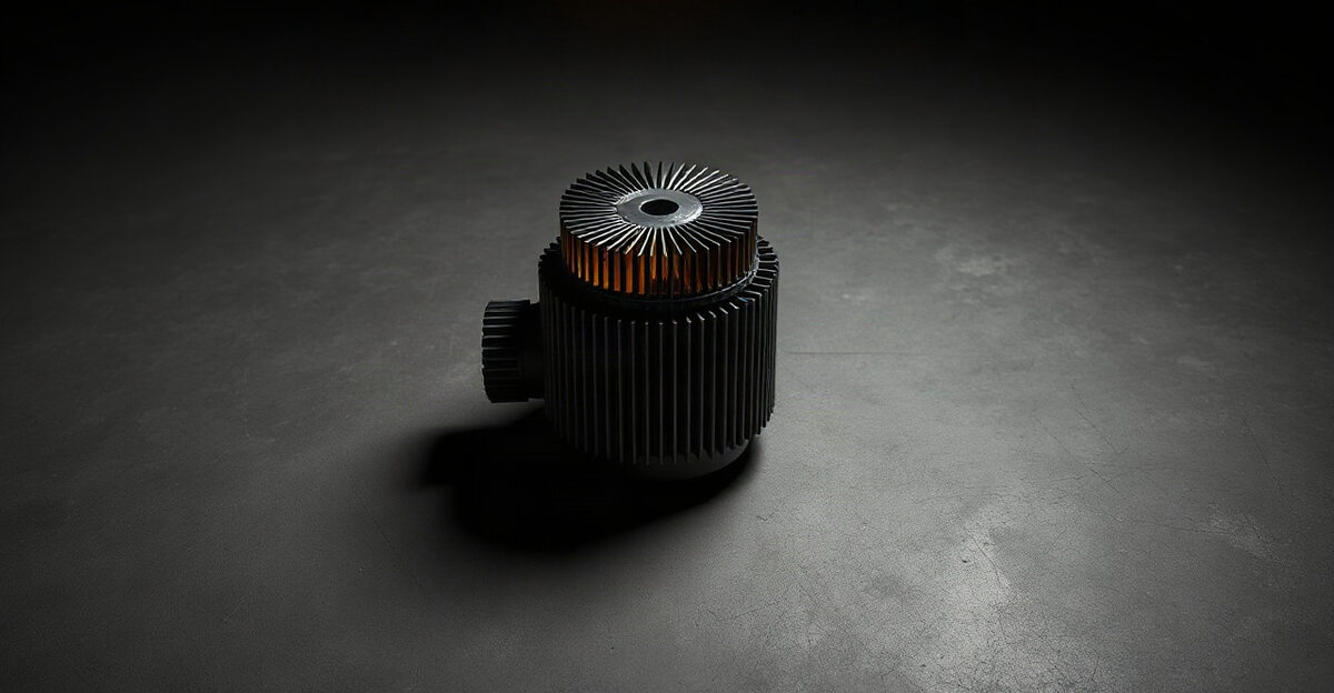 A compact reactor module on a dark concrete floor