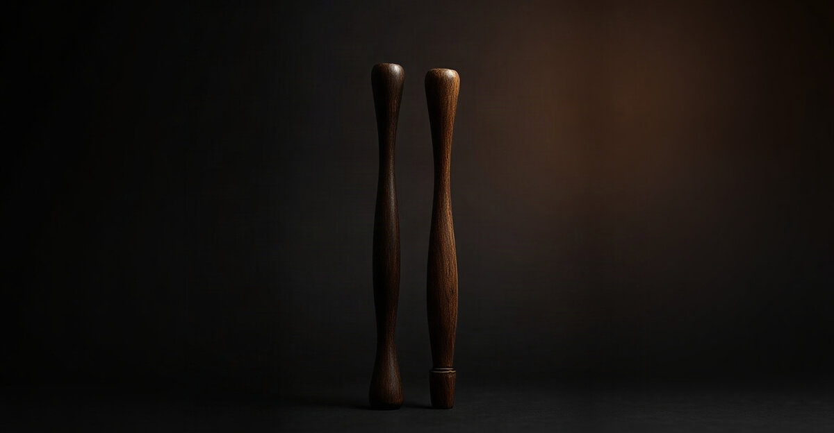 Two dark wooden tool handles standing upright against a dark background